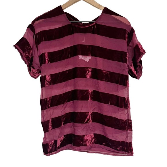 Topshop Womens Short Sleeve Velvet Sheer Striped Top Sz 4 Bow Back Holiday NWT - Picture 1 of 8